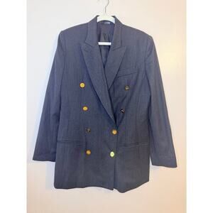 Vintage Burberry Womens Charcoal Grey Double Breasted Gold 100% Wool Blazer 10